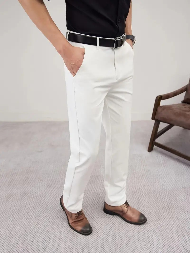 Men's Slim Fit Business Pure Color Casual Tappered Straight-leg Trousers