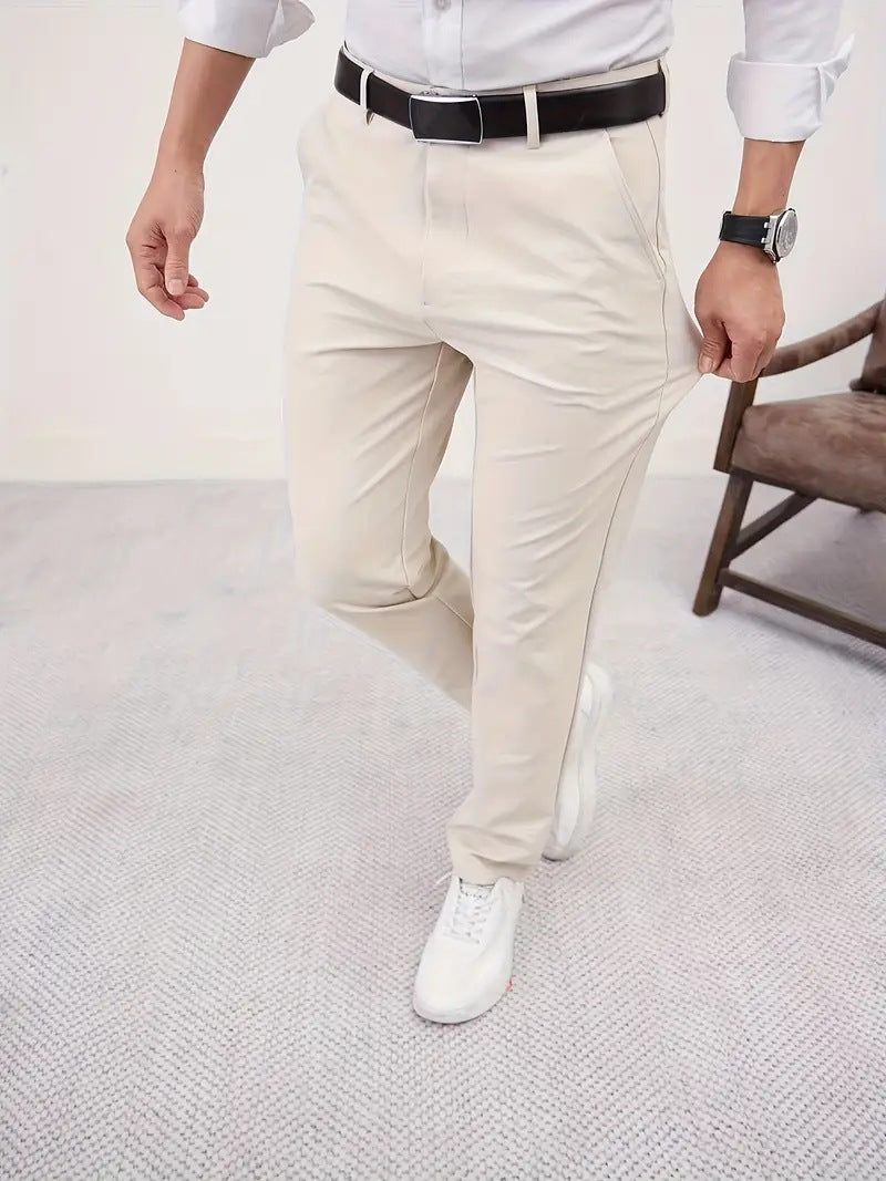 Men's Slim Fit Business Pure Color Casual Tappered Straight-leg Trousers