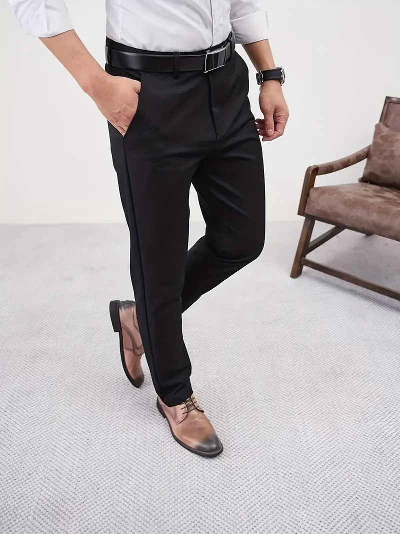Men's Slim Fit Business Pure Color Casual Tappered Straight-leg Trousers