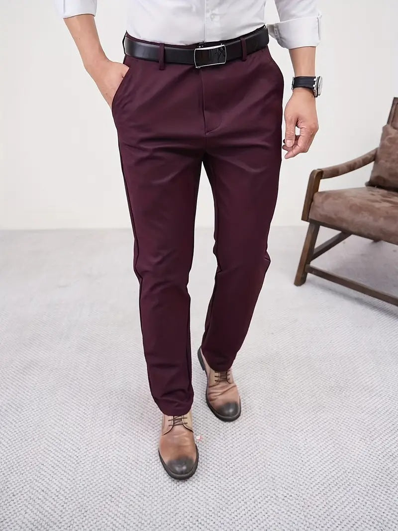 Men's Slim Fit Business Pure Color Casual Tappered Straight-leg Trousers