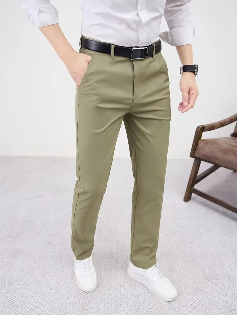 Men's Slim Fit Business Pure Color Casual Tappered Straight-leg Trousers
