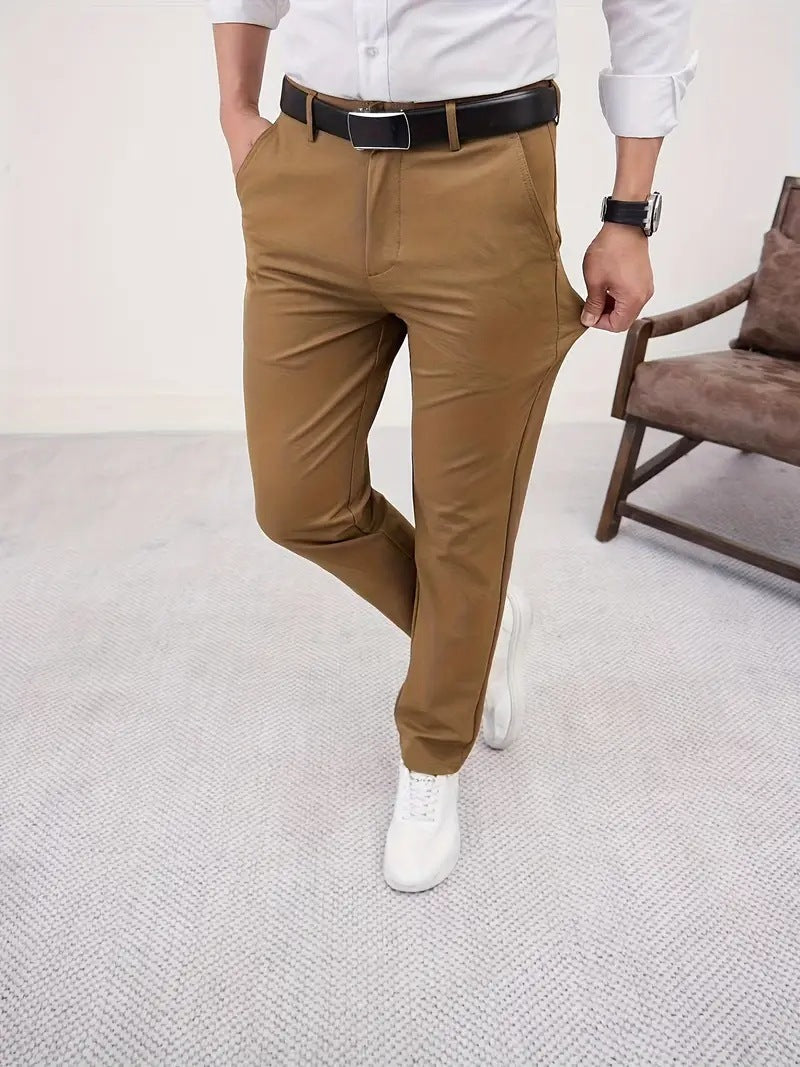 Men's Slim Fit Business Pure Color Casual Tappered Straight-leg Trousers