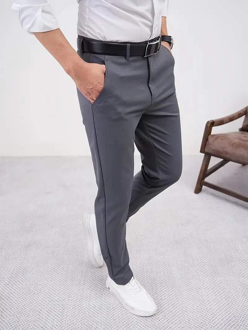 Men's Slim Fit Business Pure Color Casual Tappered Straight-leg Trousers