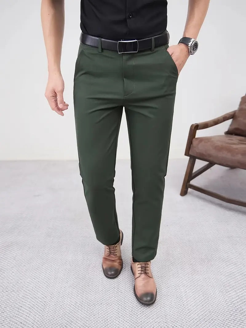 Men's Slim Fit Business Pure Color Casual Tappered Straight-leg Trousers